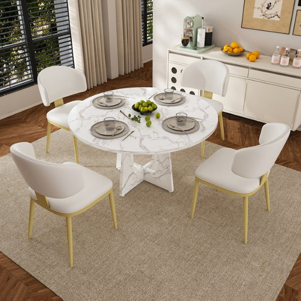 English Elm Spiced Farmhouse Round Dining Set Seats Four with Steel Chairs and MDF Wood Grain Top White W2700S00169