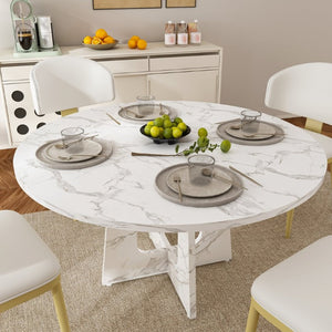 English Elm Spiced Farmhouse Round Dining Set Seats Four with Steel Chairs and MDF Wood Grain Top White W2700S00169