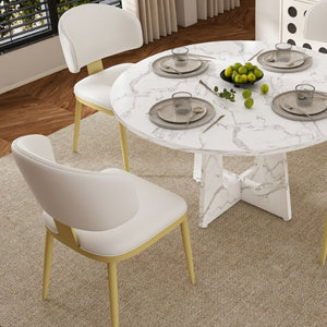English Elm Spiced Farmhouse Round Dining Set Seats Four with Steel Chairs and MDF Wood Grain Top White W2700S00169