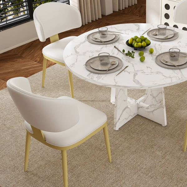 English Elm Spiced Farmhouse Round Dining Set Seats Four with Steel Chairs and MDF Wood Grain Top White W2700S00169