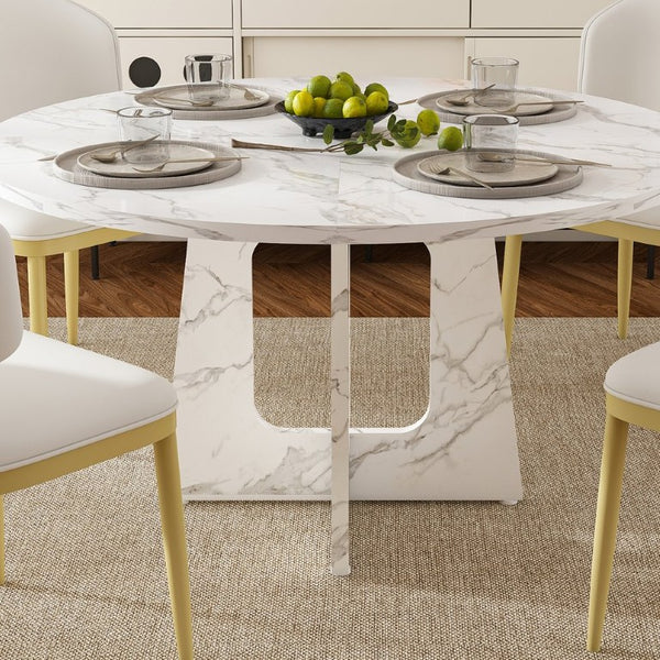 English Elm Spiced Farmhouse Round Dining Set Seats Four with Steel Chairs and MDF Wood Grain Top White W2700S00169