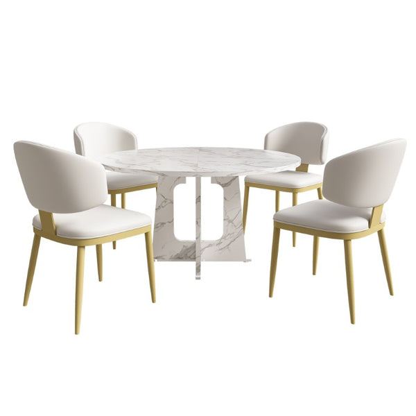 English Elm Spiced Farmhouse Round Dining Set Seats Four with Steel Chairs and MDF Wood Grain Top White W2700S00169