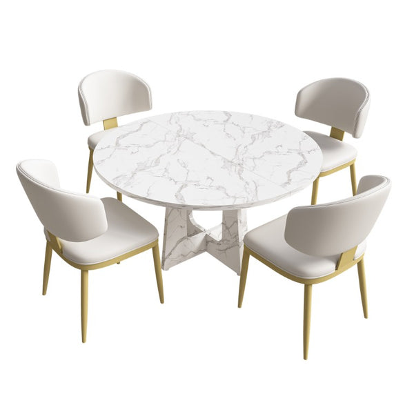 English Elm Spiced Farmhouse Round Dining Set Seats Four with Steel Chairs and MDF Wood Grain Top White W2700S00169
