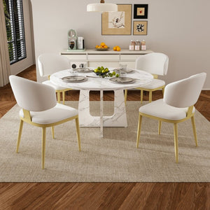 English Elm Spiced Farmhouse Round Dining Set Seats Four with Steel Chairs and MDF Wood Grain Top White W2700S00169