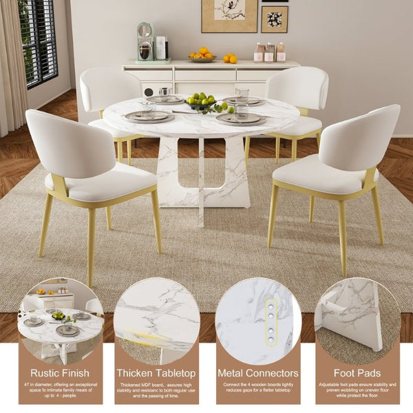 English Elm Spiced Farmhouse Round Dining Set Seats Four with Steel Chairs and MDF Wood Grain Top White W2700S00169