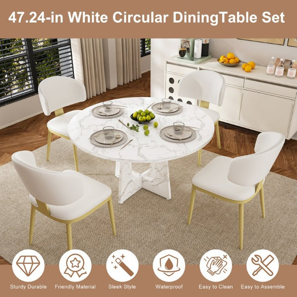 English Elm Spiced Farmhouse Round Dining Set Seats Four with Steel Chairs and MDF Wood Grain Top White W2700S00169