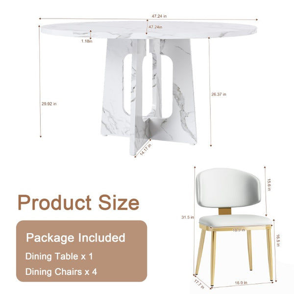 English Elm Spiced Farmhouse Round Dining Set Seats Four with Steel Chairs and MDF Wood Grain Top White W2700S00169