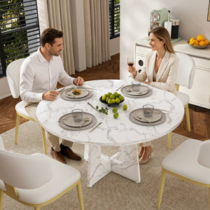 English Elm Spiced Farmhouse Round Dining Set Seats Four with Steel Chairs and MDF Wood Grain Top White W2700S00169
