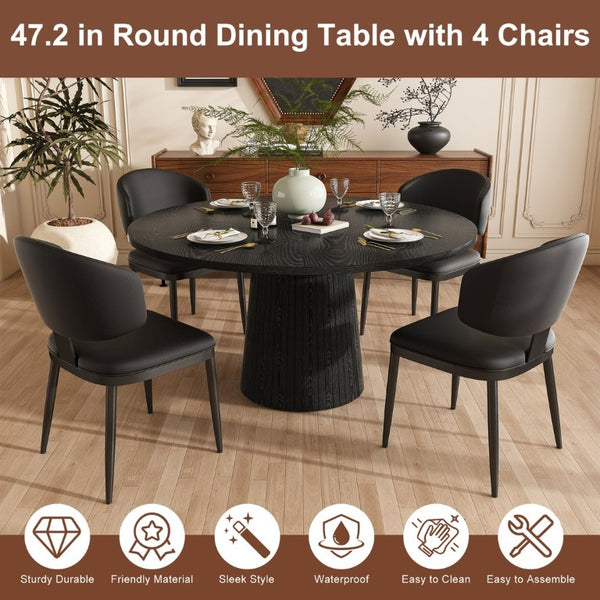 English Elm 47 Inch Round Five Piece Farmhouse Dining Set with MDF Top and PU Leather Chairs W2700S00170