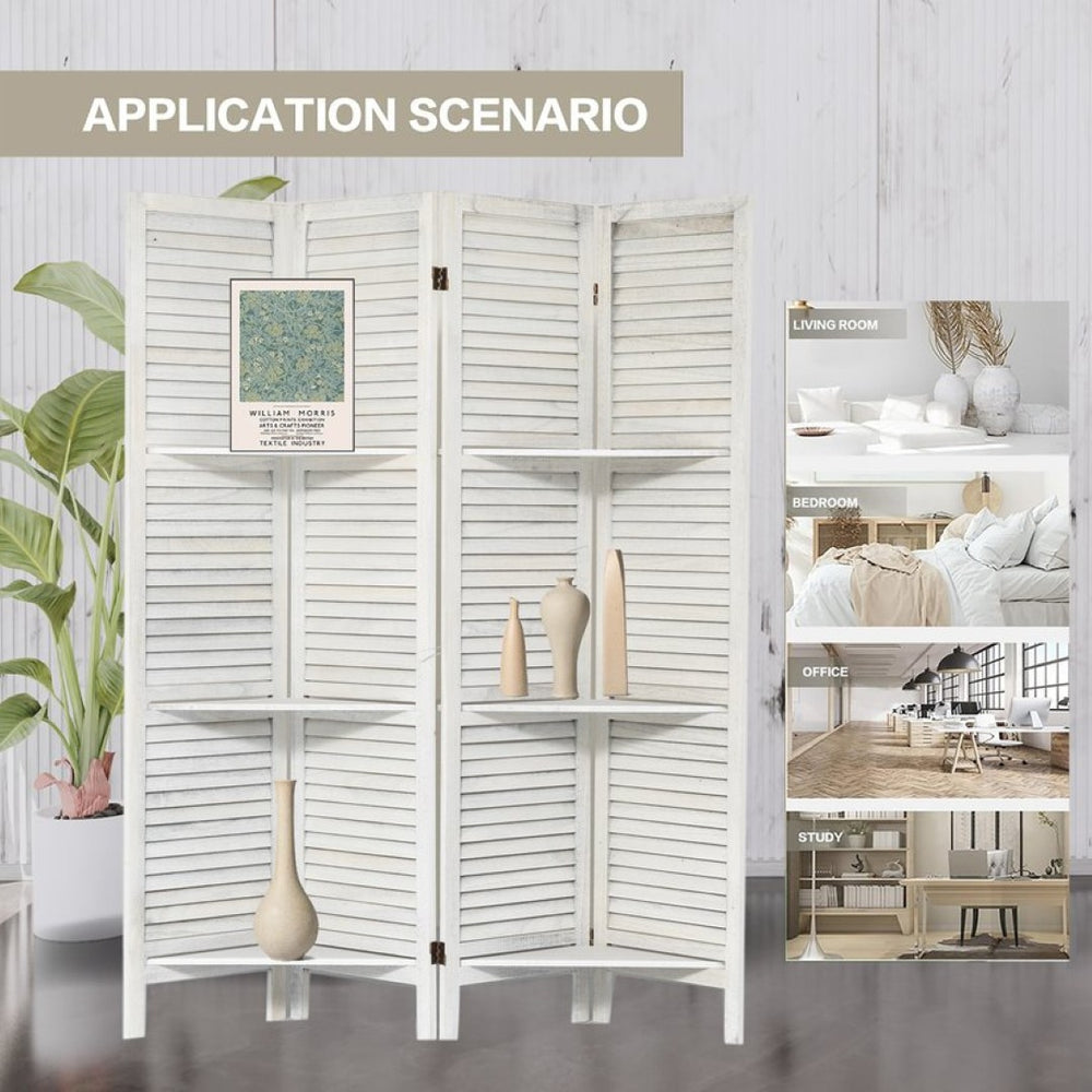 English Elm Room Divider Four Panel Paulownia Wood Screen with Open Shelves for Home Office W2701P206955