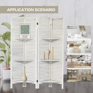 English Elm Room Divider Four Panel Paulownia Wood Screen with Open Shelves for Home Office W2701P206955