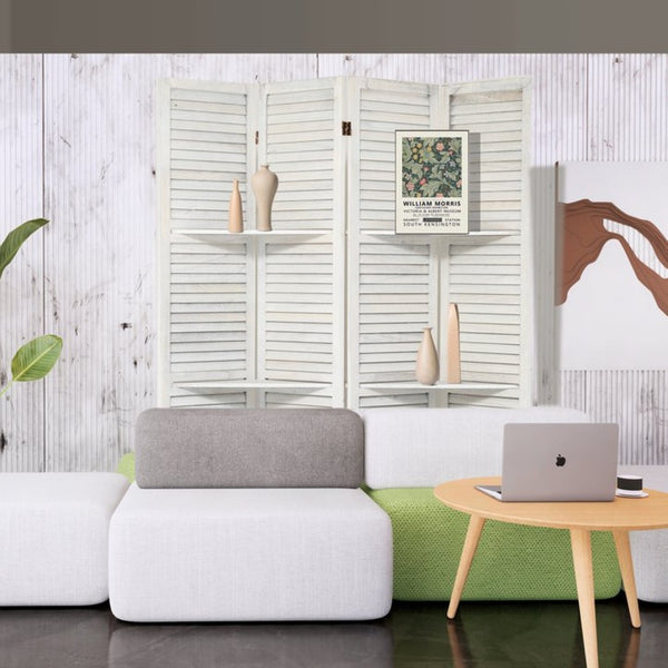 English Elm Room Divider Four Panel Paulownia Wood Screen with Open Shelves for Home Office W2701P206955