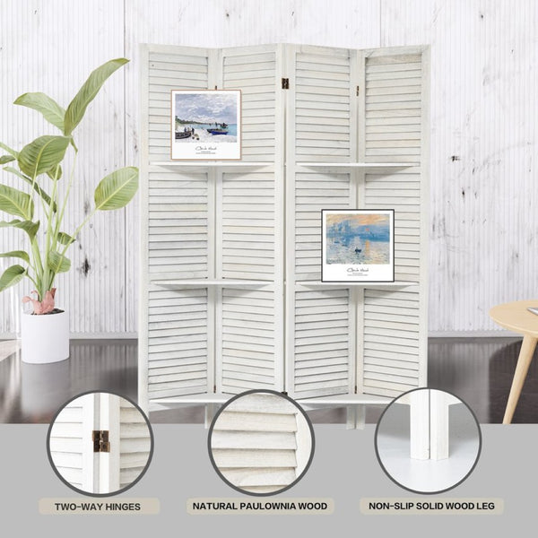 English Elm Room Divider Four Panel Paulownia Wood Screen with Open Shelves for Home Office W2701P206955