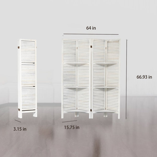 English Elm Room Divider Four Panel Paulownia Wood Screen with Open Shelves for Home Office W2701P206955