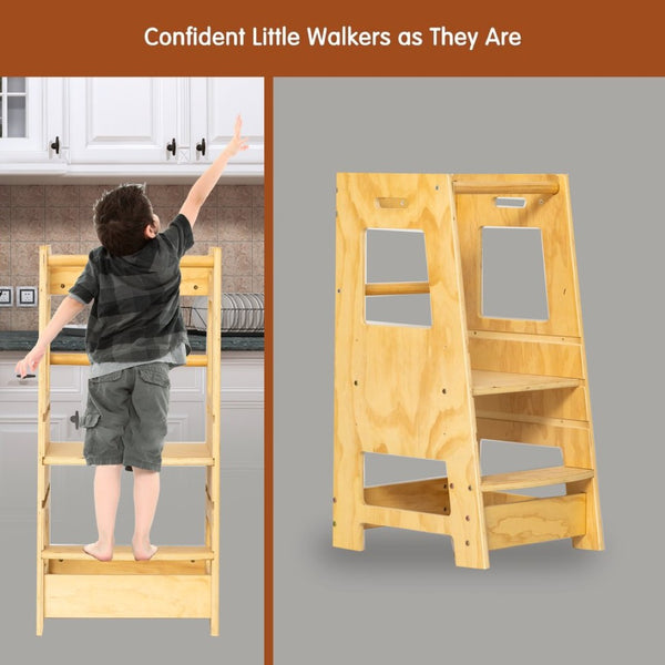 English Elm Toddler Learning Tower Adjustable Standing Helper with Four Sided Safety Rail Natural Wood W2701P207453