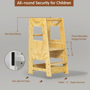 English Elm Toddler Learning Tower Adjustable Standing Helper with Four Sided Safety Rail Natural Wood W2701P207453