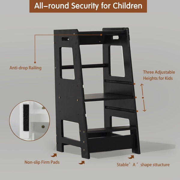 English Elm Toddler Learning Tower Adjustable Standing Helper with Four Sided Safety Rail Black W2701P207508