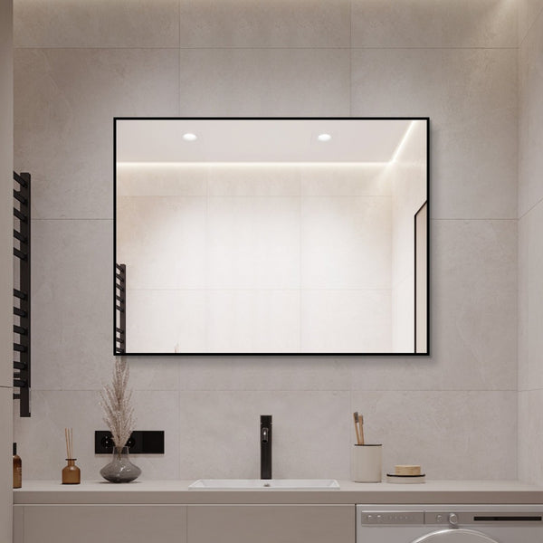 English Elm 24*32 Black Aluminum Framed Wall Mirror Hd Silver Glass for Bathroom or Entryway W2709P465775