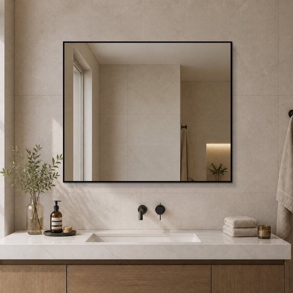 English Elm 30 Inch Black Aluminum Bathroom Wall Mirror with LED Lighting Horizontal Vertical Mount W2709P465777