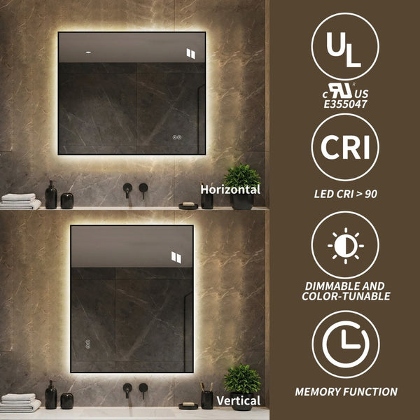 English Elm 30 X 36 Frameless Front Lit LED Bathroom Mirror with Anti Fog and Stepless Dimming Black W2709P465900