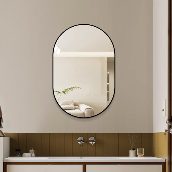 English Elm 36x24 Black Metal Framed Wall Mirror Powder Coated Rounded Edges for Bath or Bedroom W2709P465903