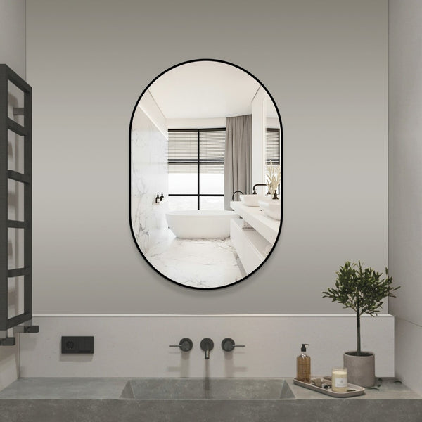 English Elm 36x24 Black Metal Framed Wall Mirror Powder Coated Rounded Edges for Bath or Bedroom W2709P465903