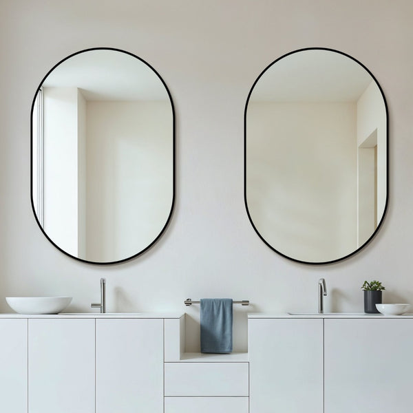 English Elm 36x24 Black Metal Framed Wall Mirror Powder Coated Rounded Edges for Bath or Bedroom W2709P465903
