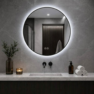 English Elm 24 Inch Round Black Aluminum LED Bathroom Mirror Dimmable Anti-Fog Touch Control W2709P501951