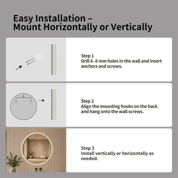 English Elm 24 Inch Round Black Aluminum LED Bathroom Mirror Dimmable Anti-Fog Touch Control W2709P501951