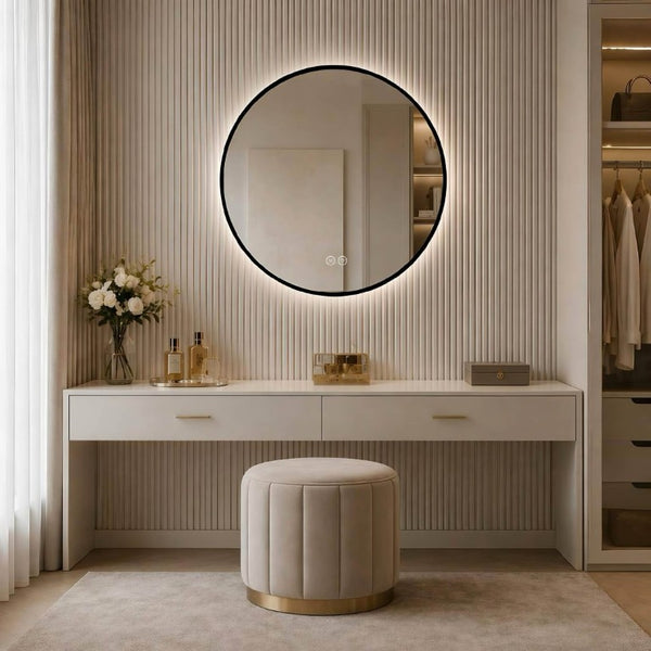 English Elm 24 Inch Round Black Aluminum LED Bathroom Mirror Dimmable Anti-Fog Touch Control W2709P501951