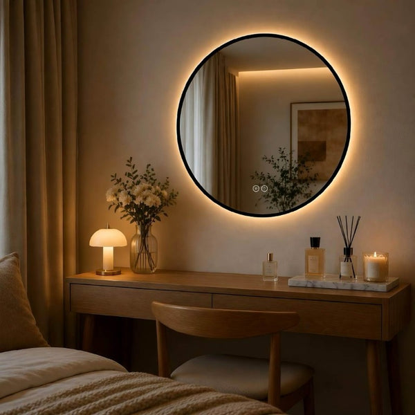 English Elm 24 Inch Round Black Aluminum LED Bathroom Mirror Dimmable Anti-Fog Touch Control W2709P501951