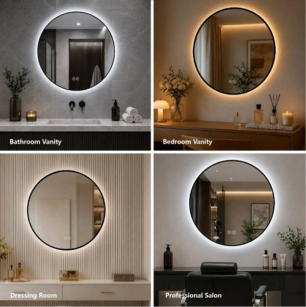 English Elm 24 Inch Round Black Aluminum LED Bathroom Mirror Dimmable Anti-Fog Touch Control W2709P501951