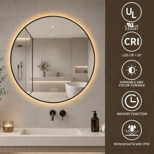 English Elm 24 Inch Round Black Aluminum LED Bathroom Mirror Dimmable Anti-Fog Touch Control W2709P501951