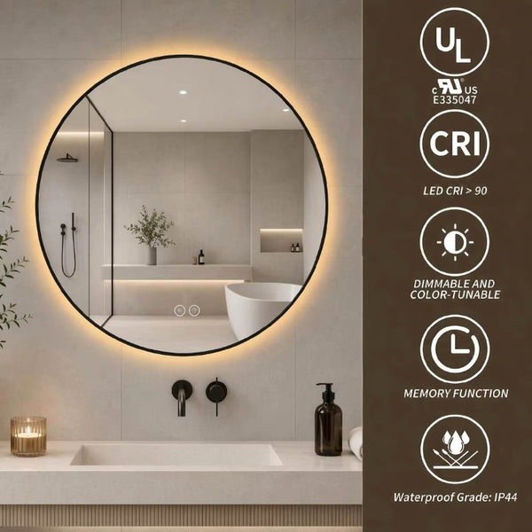 English Elm 24 Inch Round Black Aluminum LED Bathroom Mirror Dimmable Anti-Fog Touch Control W2709P501951