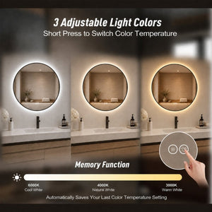 English Elm 24 Inch Round Black Aluminum LED Bathroom Mirror Dimmable Anti-Fog Touch Control W2709P501951