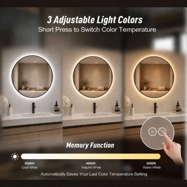 English Elm 24 Inch Round Black Aluminum LED Bathroom Mirror Dimmable Anti-Fog Touch Control W2709P501951