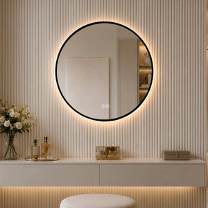 English Elm 28 Inch Round Black Aluminum LED Vanity Mirror Anti-Fog Dimmable Touch Control W2709P501952