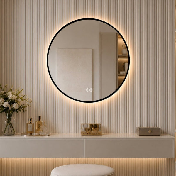 English Elm 28 Inch Round Black Aluminum LED Vanity Mirror Anti-Fog Dimmable Touch Control W2709P501952