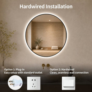 English Elm 28 Inch Round Black Aluminum LED Vanity Mirror Anti-Fog Dimmable Touch Control W2709P501952