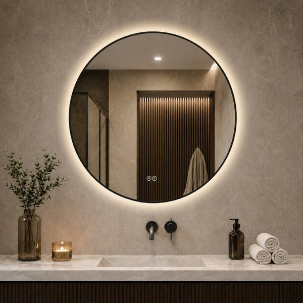 English Elm 28 Inch Round Black Aluminum LED Vanity Mirror Anti-Fog Dimmable Touch Control W2709P501952