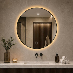 English Elm 28 Inch Round Black Aluminum LED Vanity Mirror Anti-Fog Dimmable Touch Control W2709P501952