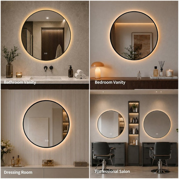 English Elm 28 Inch Round Black Aluminum LED Vanity Mirror Anti-Fog Dimmable Touch Control W2709P501952