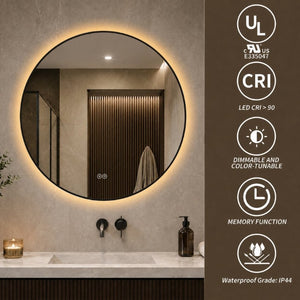 English Elm 28 Inch Round Black Aluminum LED Vanity Mirror Anti-Fog Dimmable Touch Control W2709P501952