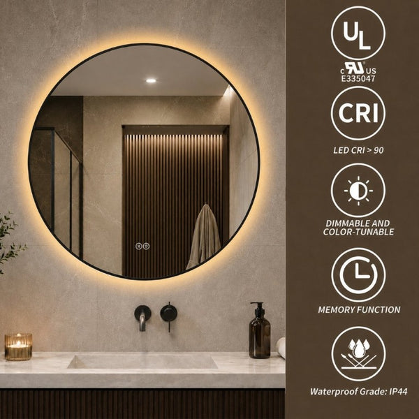 English Elm 28 Inch Round Black Aluminum LED Vanity Mirror Anti-Fog Dimmable Touch Control W2709P501952