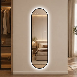 English Elm 65 Inch Capsule LED Full Length Wall Mirror with Matte Black Frame and Dimmable Touch Control W2709P501958