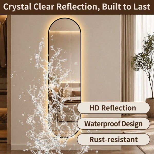 English Elm 65 Inch Capsule LED Full Length Wall Mirror with Matte Black Frame and Dimmable Touch Control W2709P501958