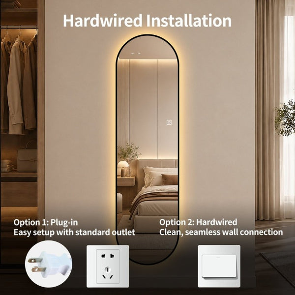 English Elm 65 Inch Capsule LED Full Length Wall Mirror with Matte Black Frame and Dimmable Touch Control W2709P501958