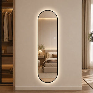 English Elm 65 Inch Capsule LED Full Length Wall Mirror with Matte Black Frame and Dimmable Touch Control W2709P501958