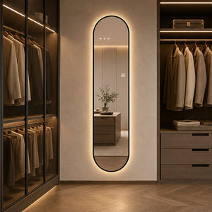 English Elm 65 Inch Capsule LED Full Length Wall Mirror with Matte Black Frame and Dimmable Touch Control W2709P501958