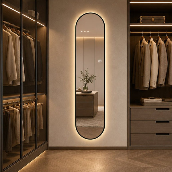 English Elm 65 Inch Capsule LED Full Length Wall Mirror with Matte Black Frame and Dimmable Touch Control W2709P501958